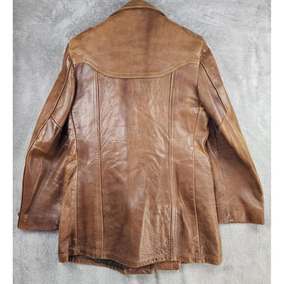 Vintage Leather Jacket Mens 42 Long Glazed Nappa Double Breasted Car Coat 70s - Picture 2 of 15